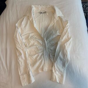Zara Cream Cropped Ruched Long-Sleeve Shirt